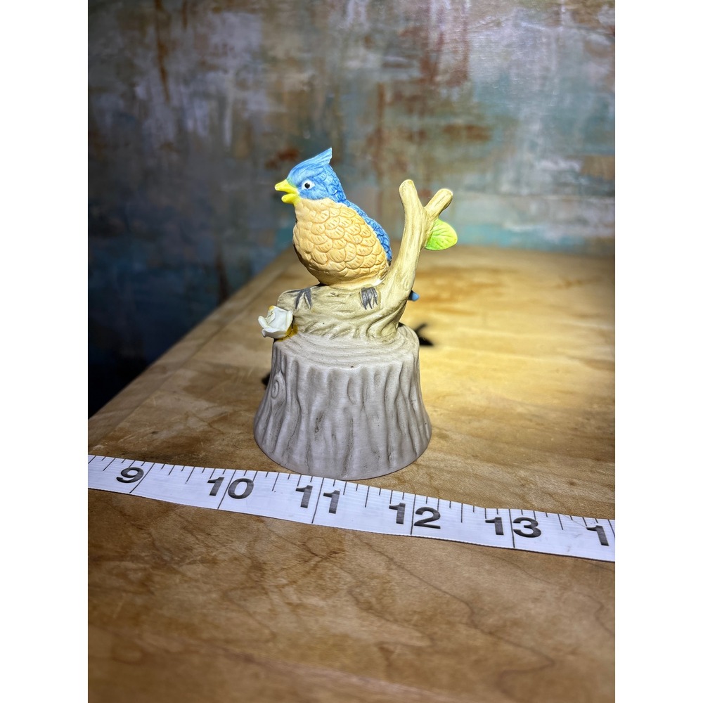 Vintage 1979 Enesco Fine Porcelain Blue Bird on Tree Stump Collectible Bell